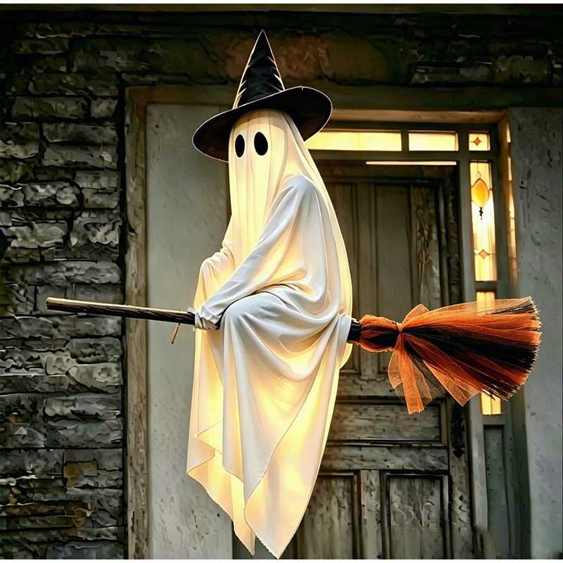 Lighting Decor House - ハロウィンのフライングブルームとゴーストデコレーション、温かい光を放つ揺れるゴースト、屋外のホラーハウス用ウィッチブルームの小道具