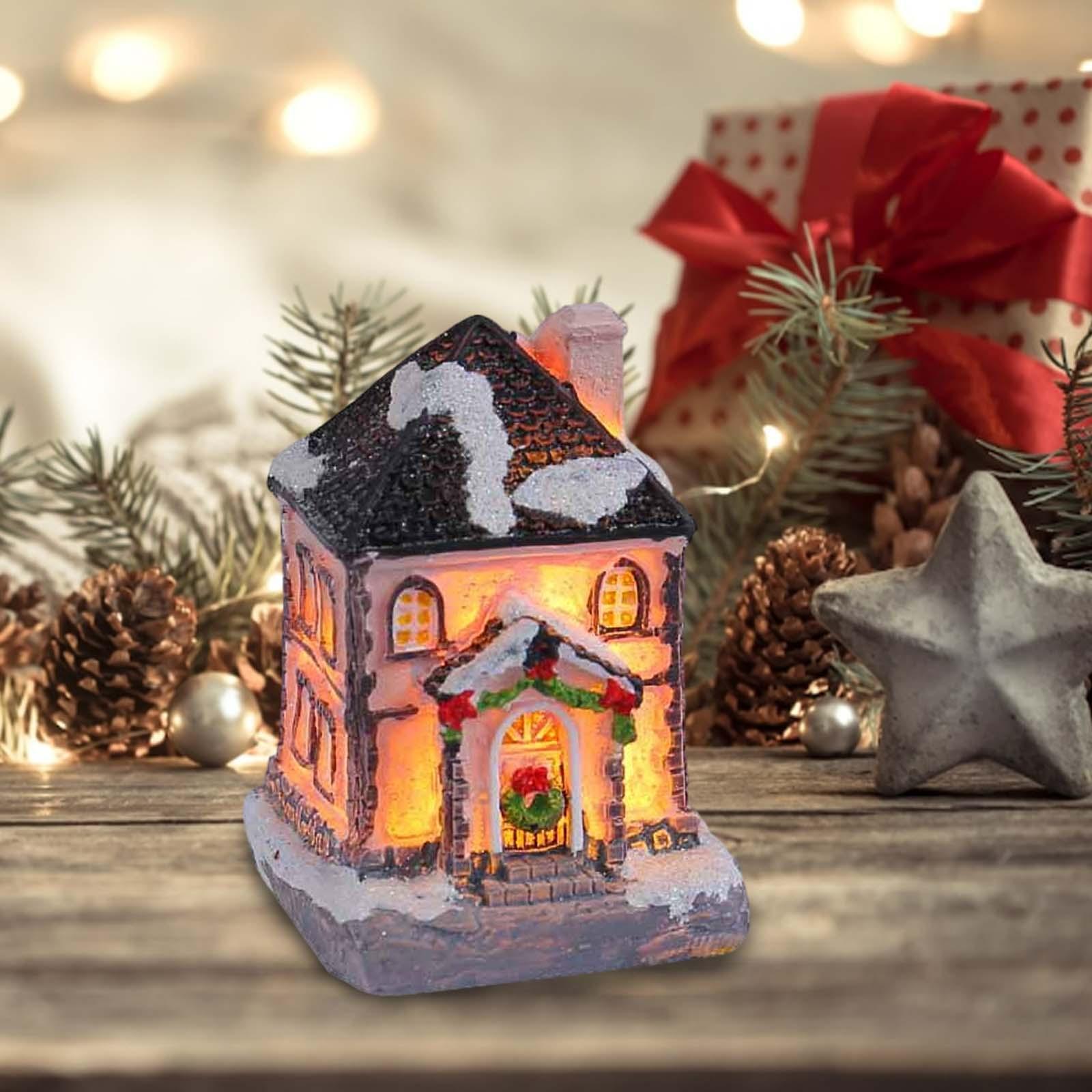 Lighting Decor House - クリスマスライト付きの家の樹脂製フィギュア、家の装飾用の卓上センターピース、ミニチュア村のシーンオーナメント